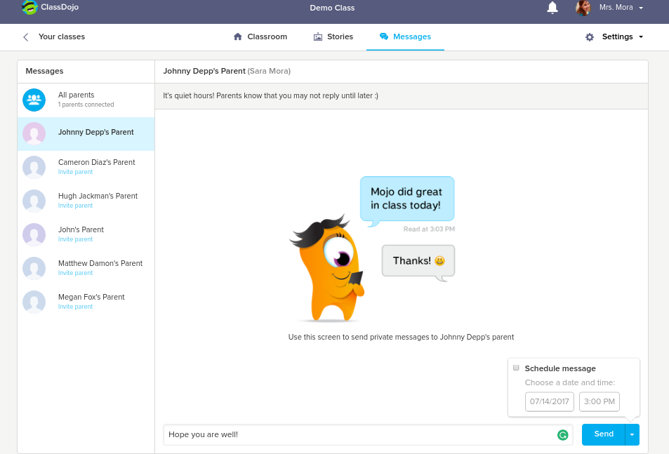 Messaging features in ClassDojo app