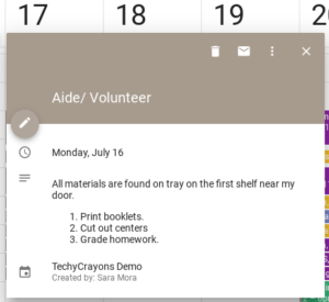 Calendar event for Aides or Volunteers