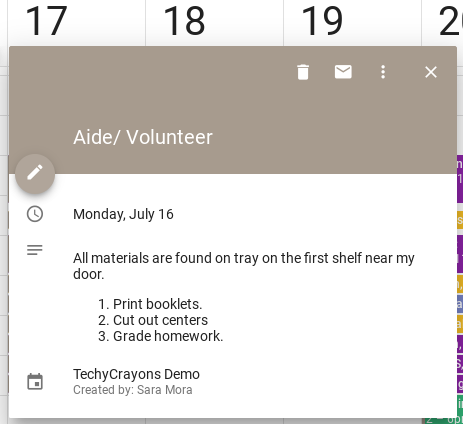 Calendar event for Aides or Volunteers
