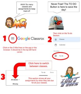 Cartoon with steps to access To DO section on Google Classroom.